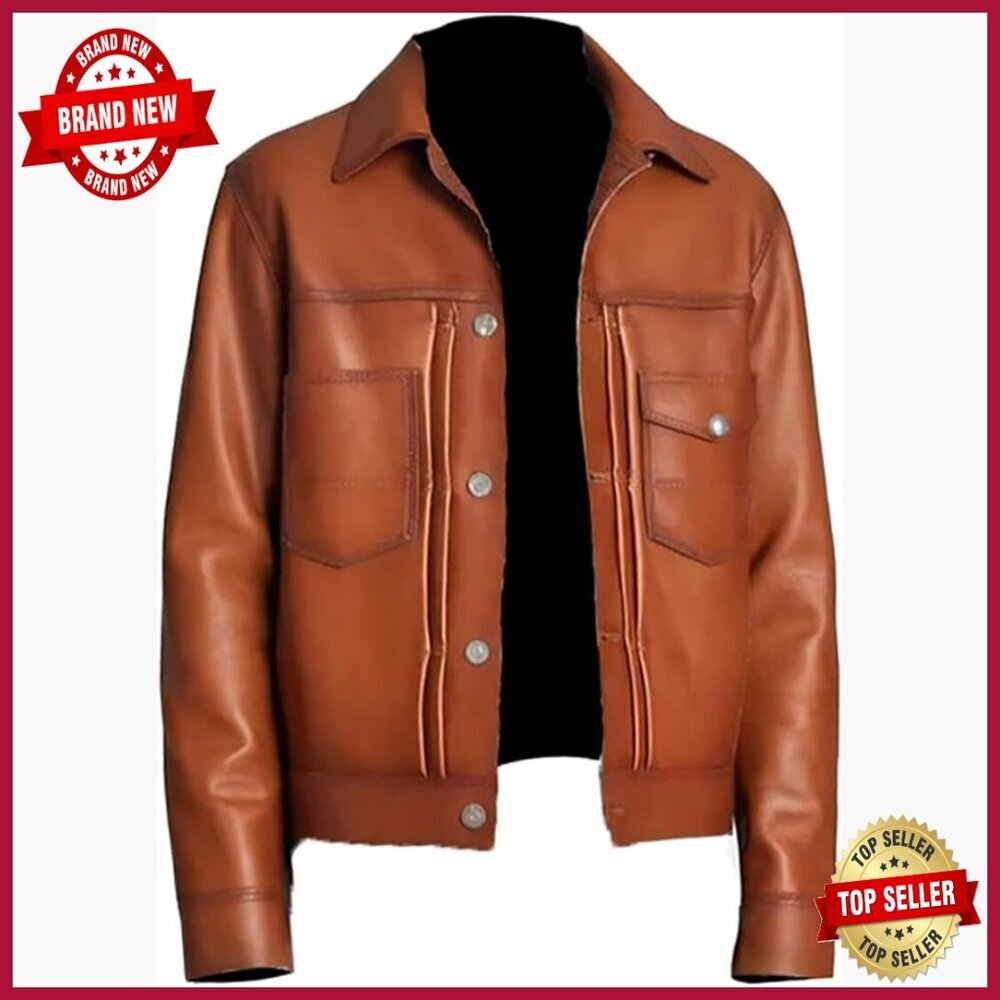 Men's Distressed Leather Trucker Jacket Button Front Waxed Finish
